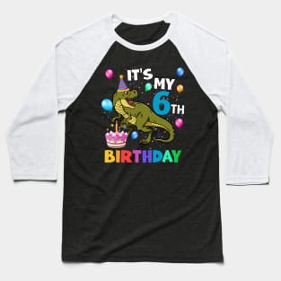 Kids 6 Year Old 6th Birthday Boy Dino T Rex Dinosaur Baseball T-Shirt